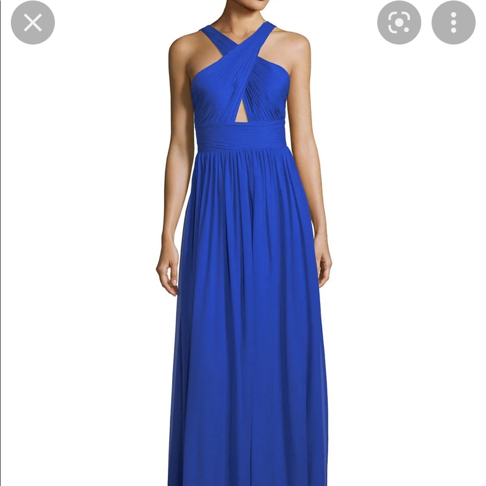 Aidan Mattox Pleated Silk Chiffon Halter Neck Gown in Blue. Size 0